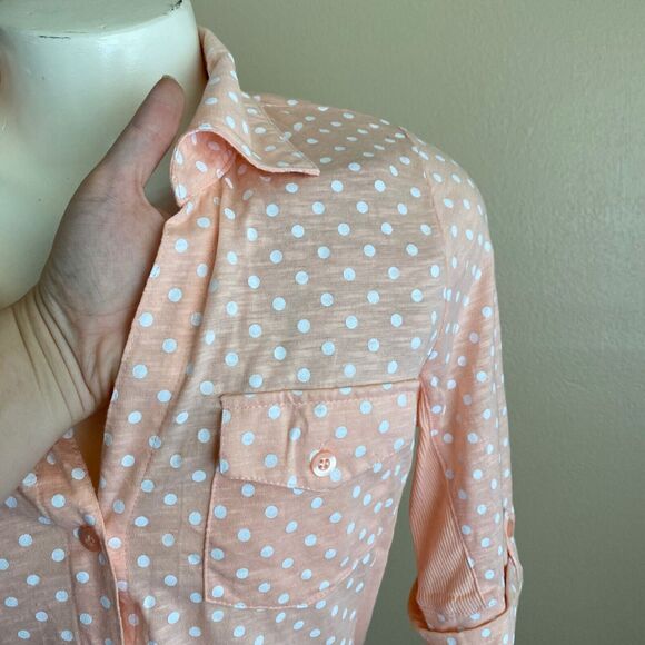 Y2K 2000s Bongo NWT Size L Top Peach Pink Polka Dot Collar Button Down Roll Tab - Picture 8 of 10